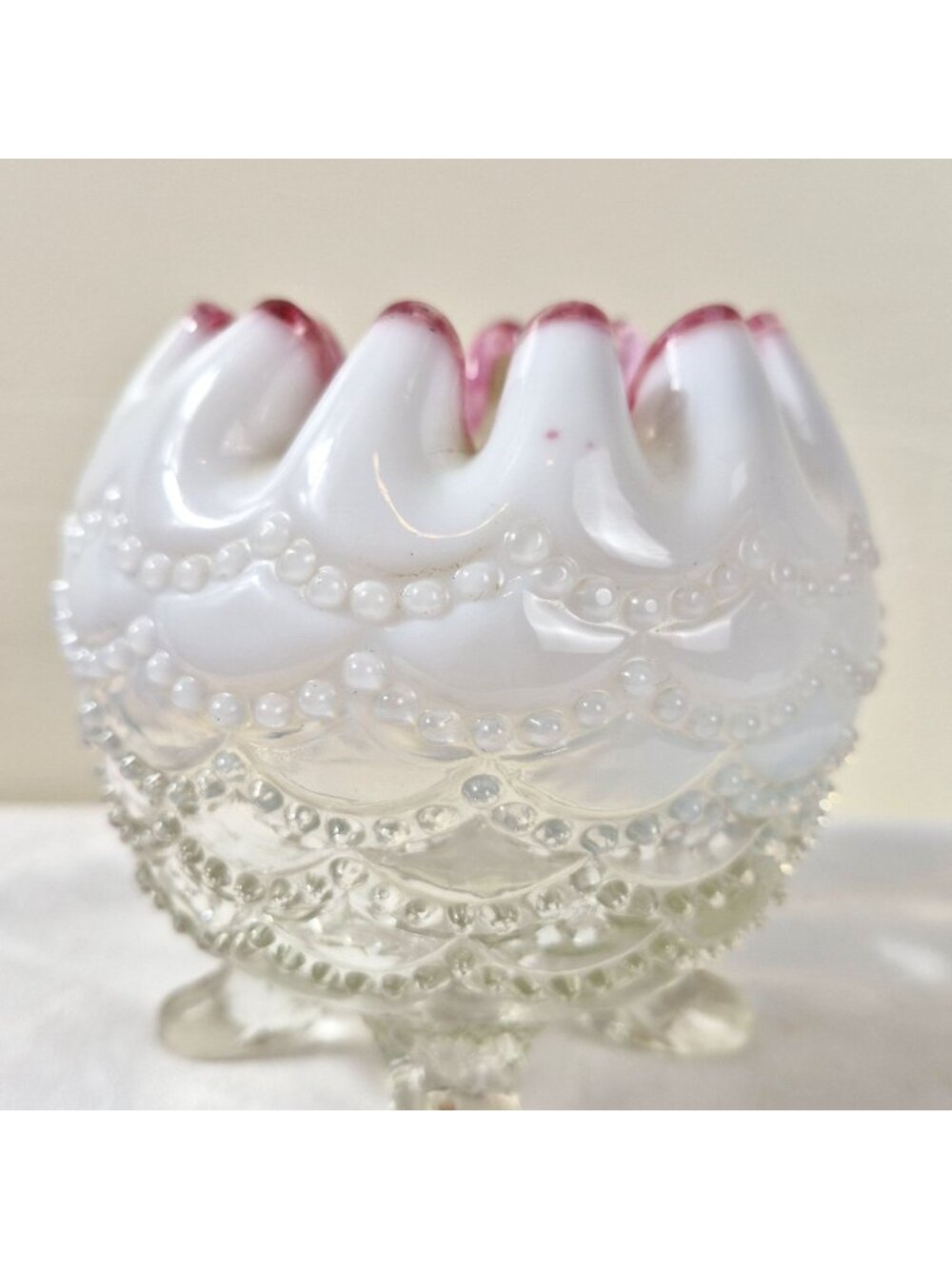 Opalescent White Pink Ruffled Edge Glass Rose Bowl Jefferson EAPG Beaded Fan